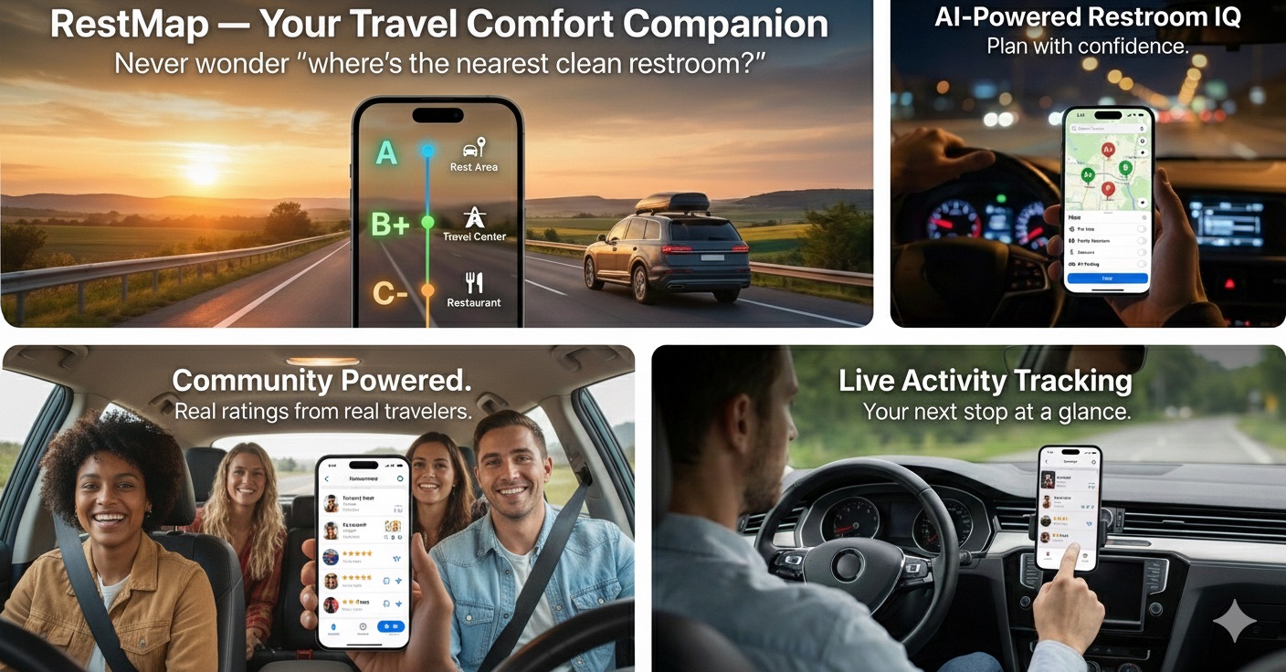 RestMap Features - AI-Powered Restroom IQ, Community Ratings, Live Activity Tracking